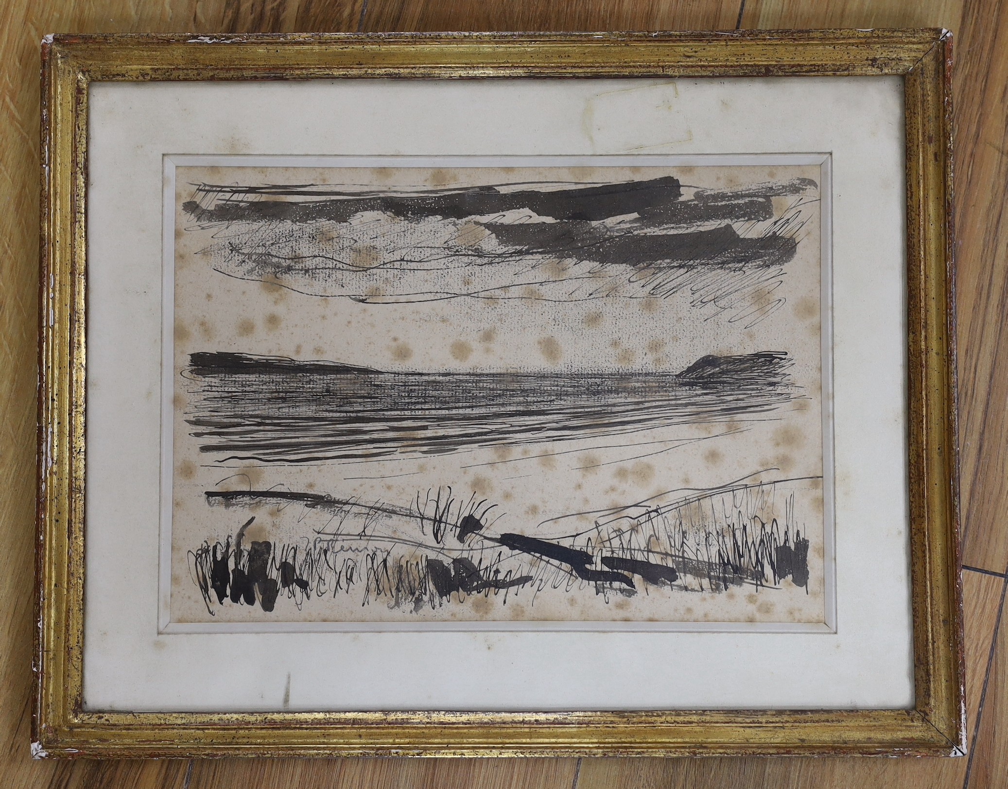 Jean Pierre Renoir (1894-1979), ink and wash on paper, North African coastal landscape, signed and inscribed verso 'To Winston Churchill' and dated January 1951, 19 x 27cm